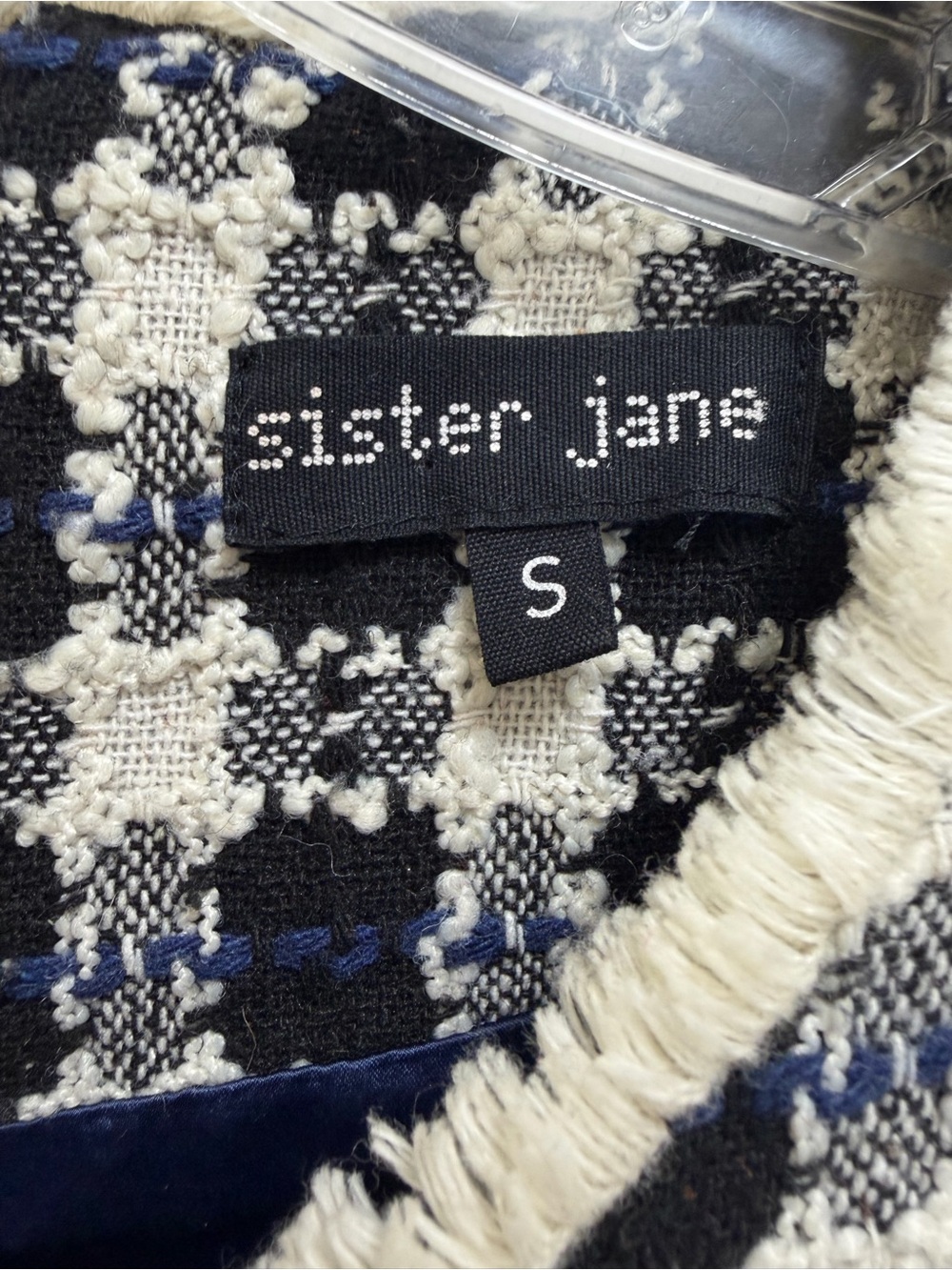 Sister Jane Tweed Mini Dress Textured Peplum Hem Fringe Cream Black Blue Size S - Picture 8 of 9